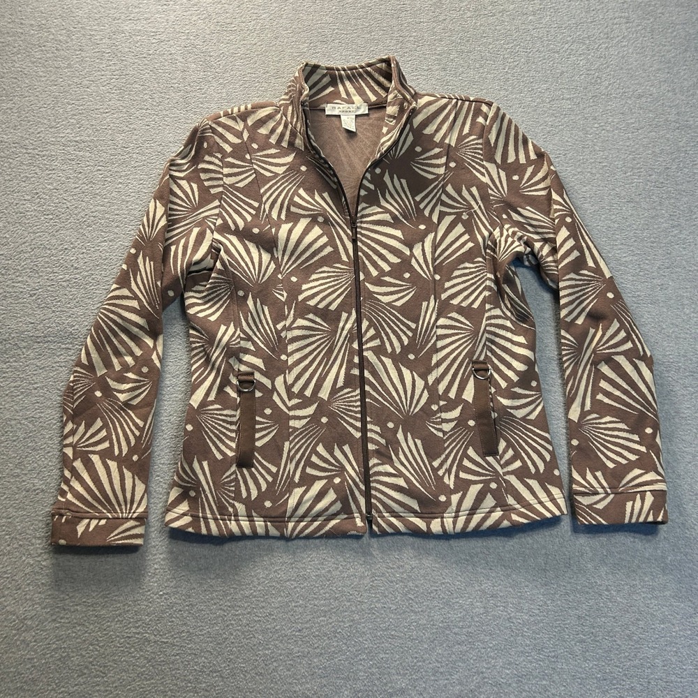 Rafael Sport Zip Front Knit Jacket Womens Medium Brown Leaf Print Stretch Pocket